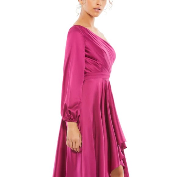 MAC DUGGAL 49141 ONE SHOULDER LONG SLEEVE SATIN HI-LO BERRY GOWN sz 4 - Picture 3 of 4